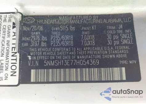 2007 Hyundai Santa Fe Limited/Se from USA, damaged, VIN 5NMSH13E77H054369